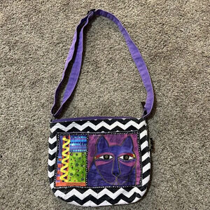 Laurel Burch Purse Blue Cat Adjustable‎ Strap Bag Beaded Accents Vintage